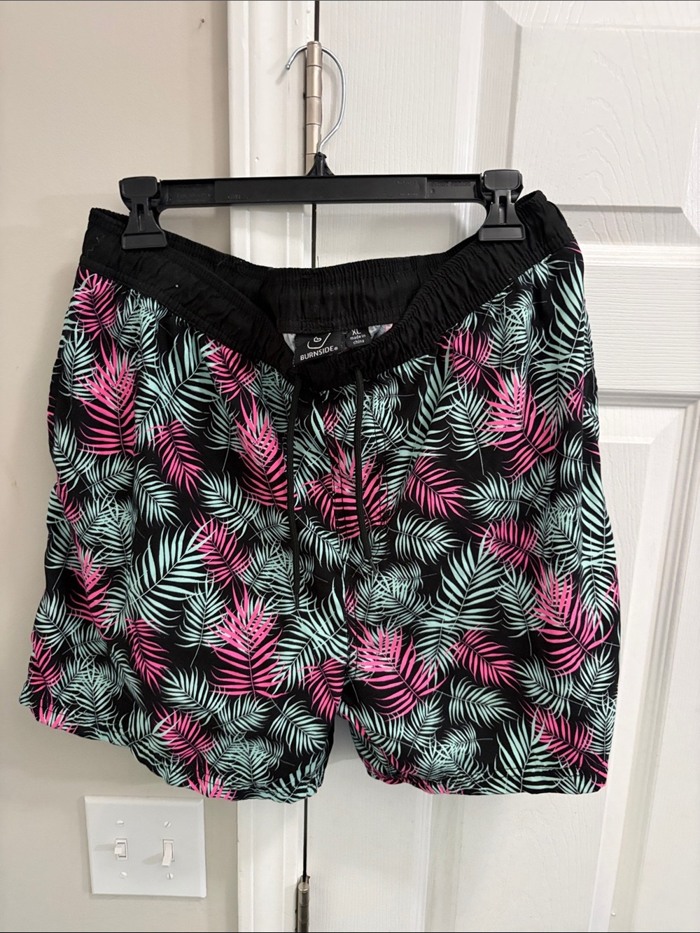 burnside Black Shorts with Pink & Teal Leaf Print